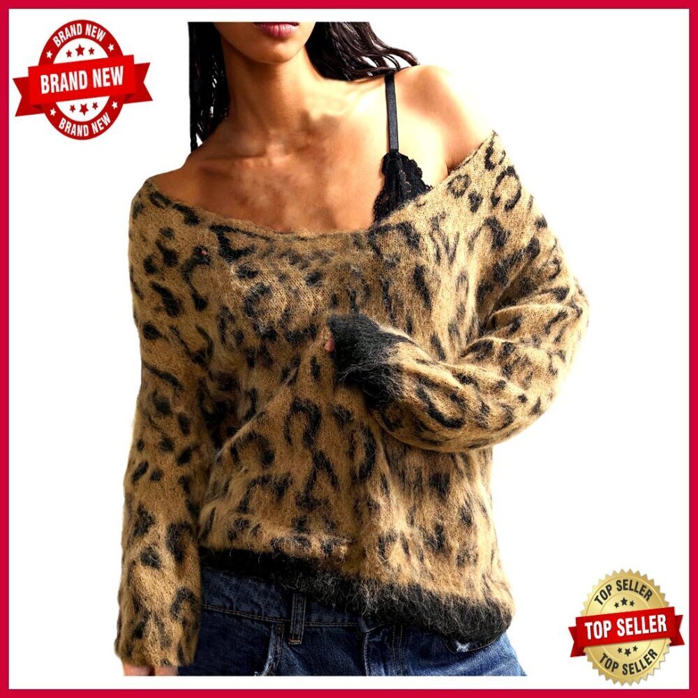 Leopard Print Oversized Chunky V-Neck Sweater Fuzzy Knitwear Y2K Fall